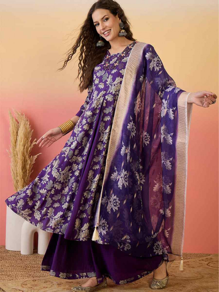 Purple Roman Silk Embroidered Festival Casual Ready Palazzo Pant Salwar Kameez