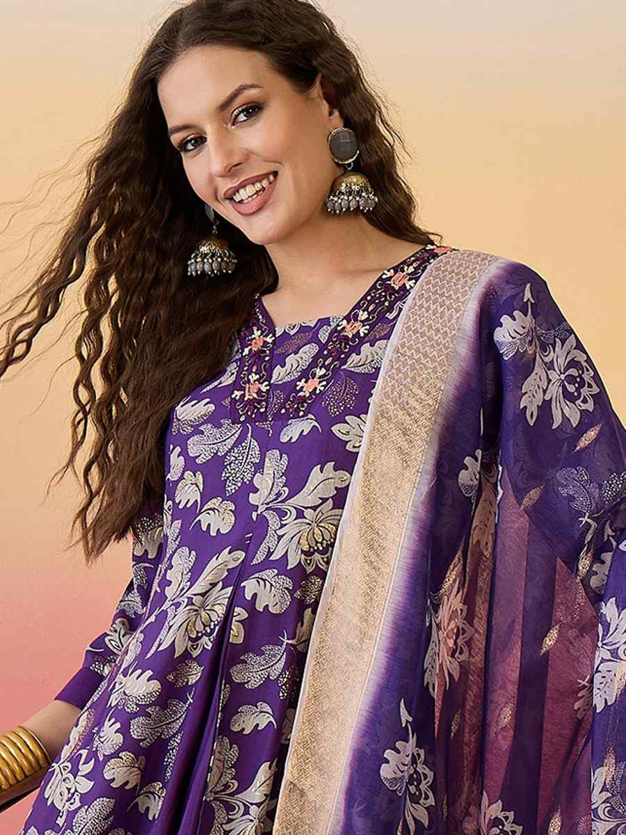 Purple Roman Silk Embroidered Festival Casual Ready Palazzo Pant Salwar Kameez