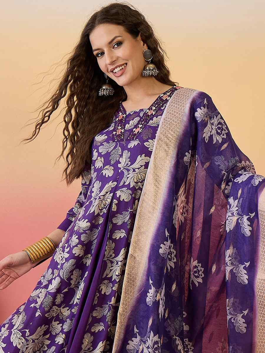 Purple Roman Silk Embroidered Festival Casual Ready Palazzo Pant Salwar Kameez