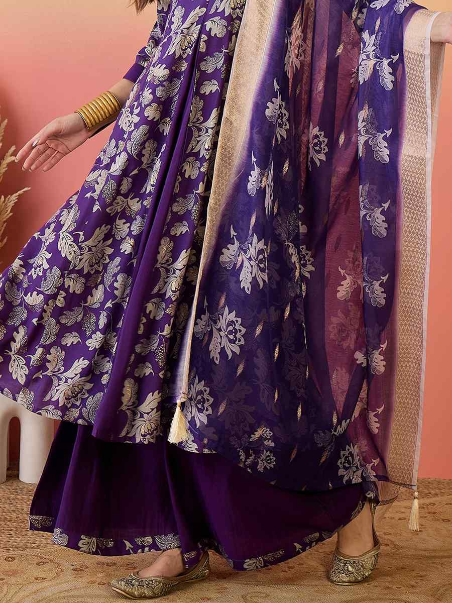 Purple Roman Silk Embroidered Festival Casual Ready Palazzo Pant Salwar Kameez