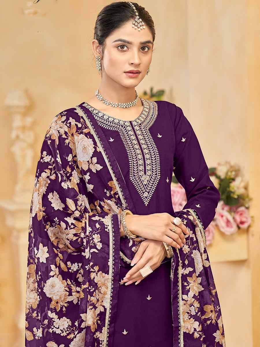 Purple Roman Silk Embroidered Festival Casual Ready Palazzo Pant Salwar Kameez
