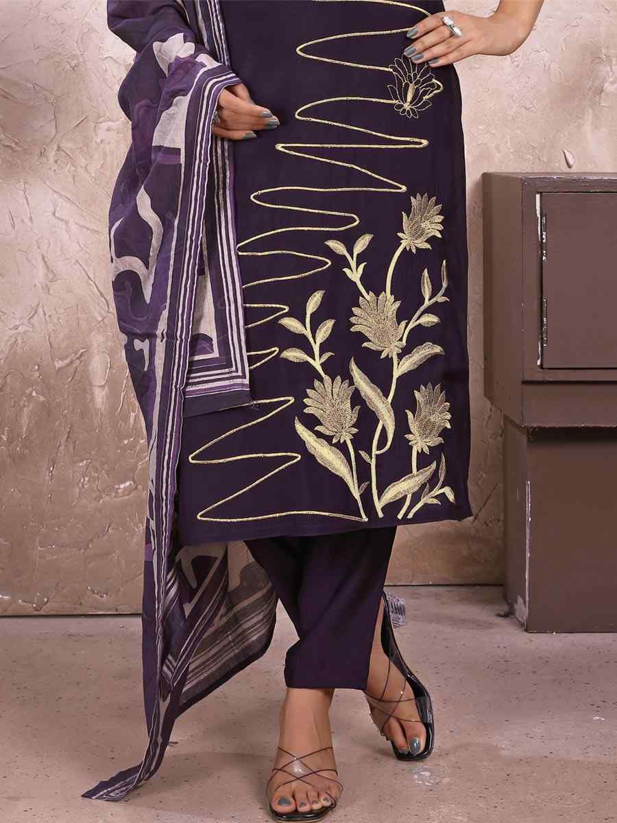 Purple Roman Silk Embroidered Festival Casual Ready Pant Salwar Kameez
