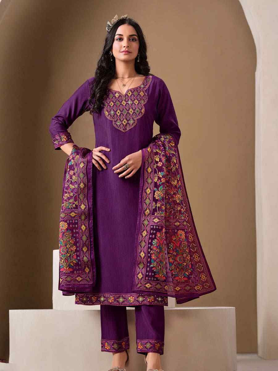 Purple Roman Silk Embroidered Festival Mehendi Ready Pant Salwar Kameez
