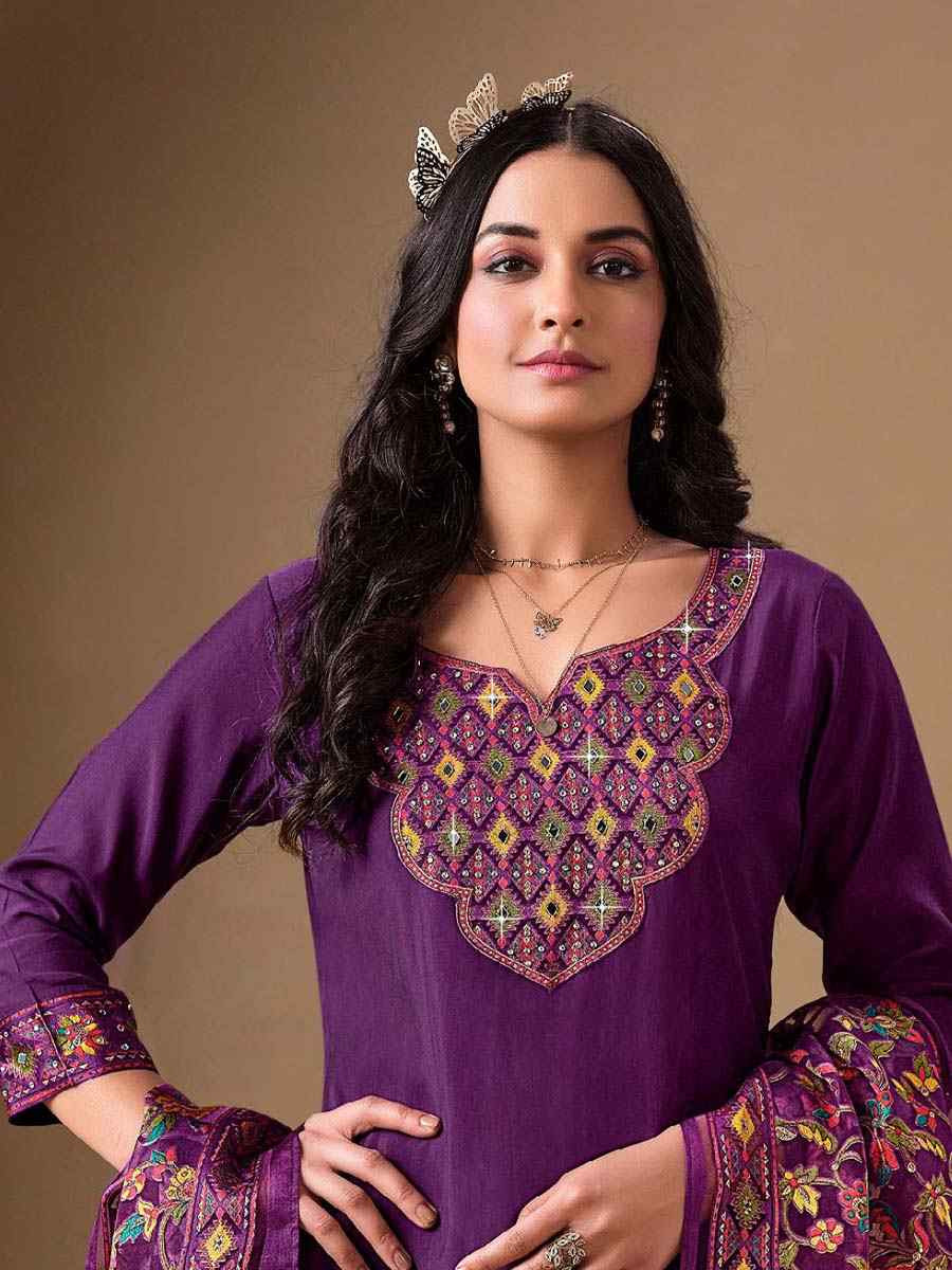 Purple Roman Silk Embroidered Festival Mehendi Ready Pant Salwar Kameez