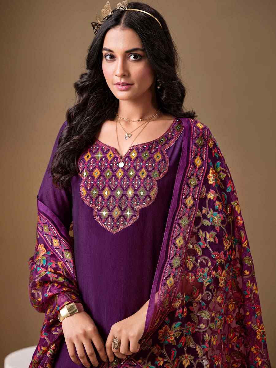 Purple Roman Silk Embroidered Festival Mehendi Ready Pant Salwar Kameez