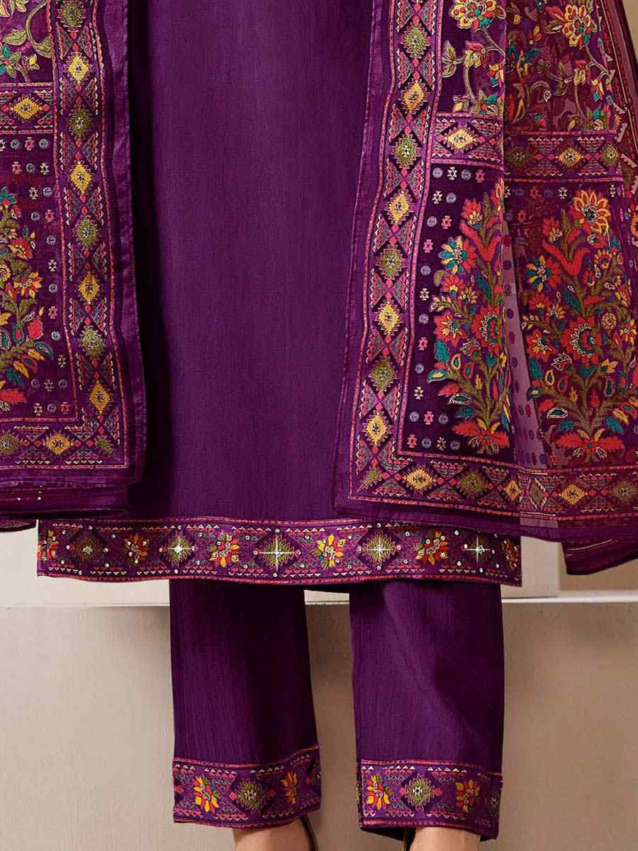 Purple Roman Silk Embroidered Festival Mehendi Ready Pant Salwar Kameez