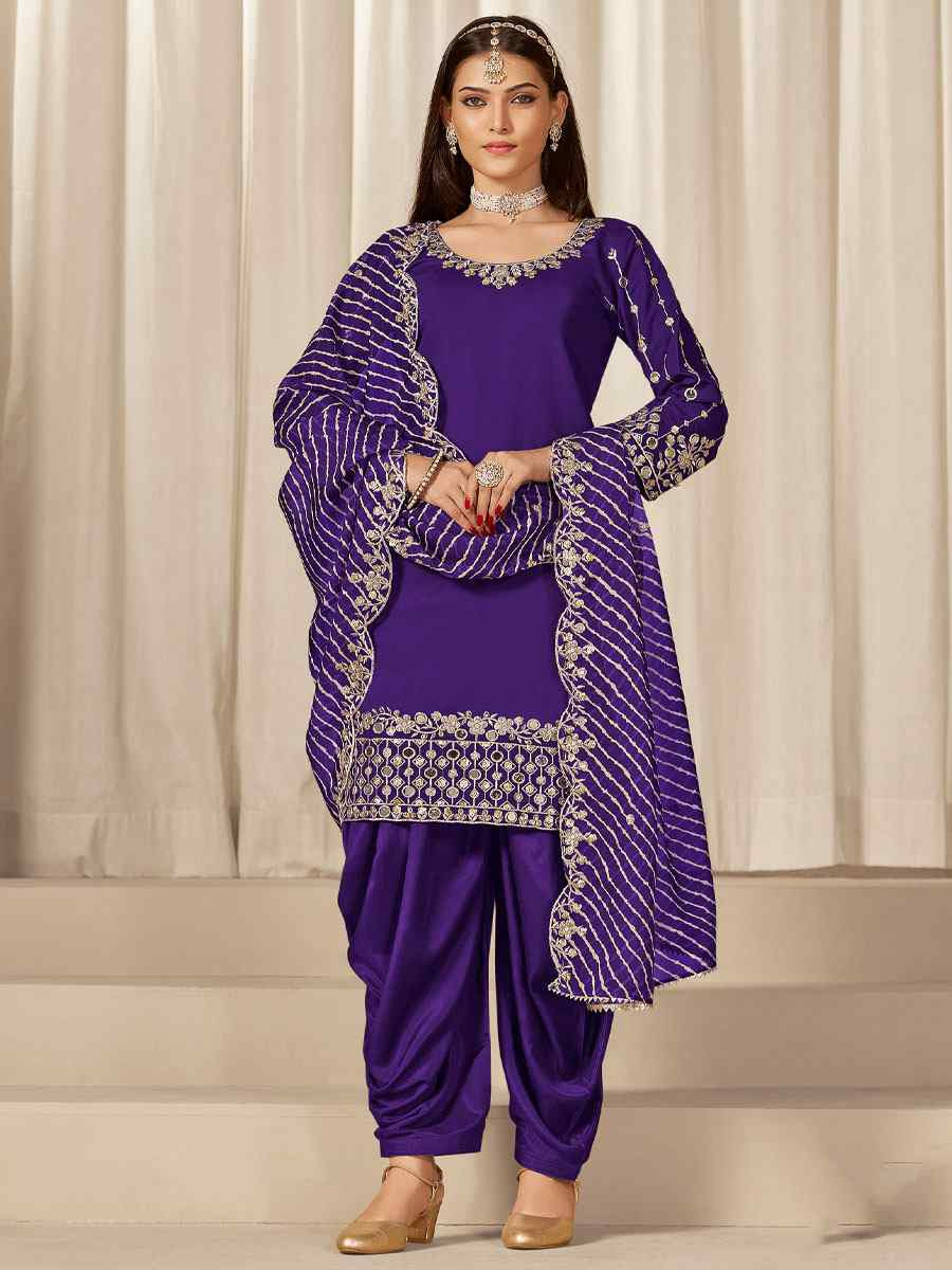 Purple Roman Silk Embroidered Festival Wedding Patiala Salwar Kameez