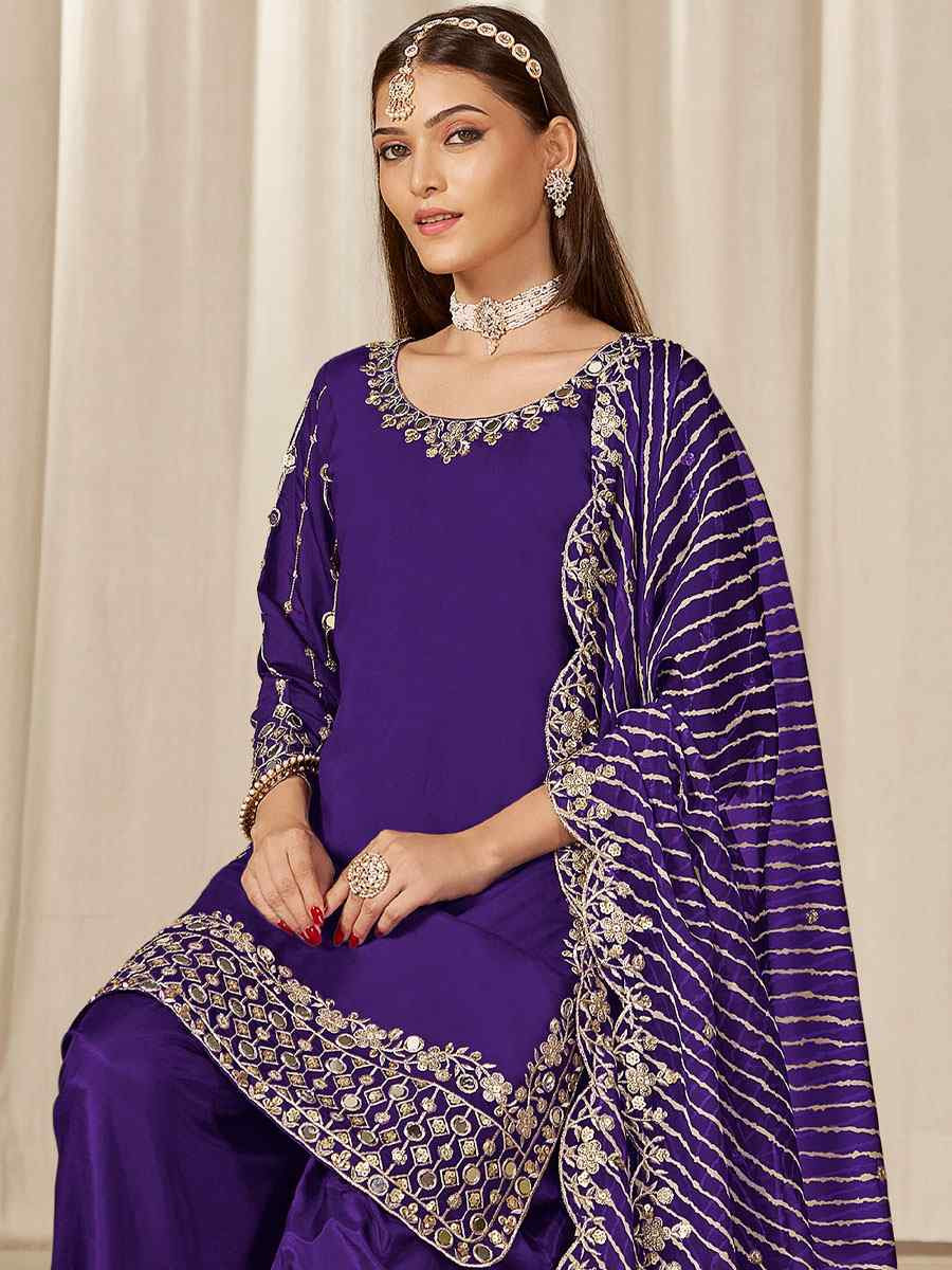 Purple Roman Silk Embroidered Festival Wedding Patiala Salwar Kameez