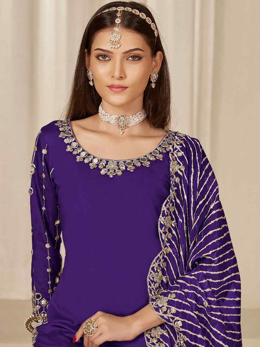 Purple Roman Silk Embroidered Festival Wedding Patiala Salwar Kameez