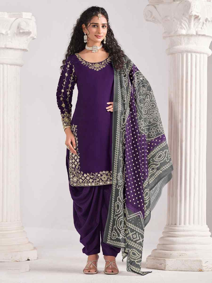 Purple Roman Silk Embroidered Festival Wedding Patiala Salwar Kameez