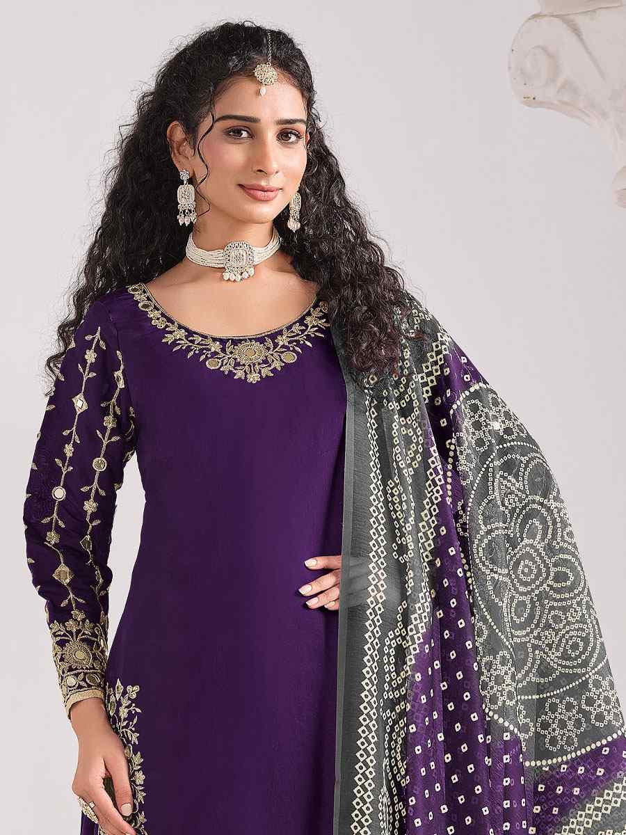Purple Roman Silk Embroidered Festival Wedding Patiala Salwar Kameez