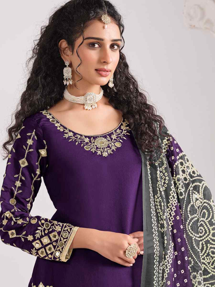 Purple Roman Silk Embroidered Festival Wedding Patiala Salwar Kameez