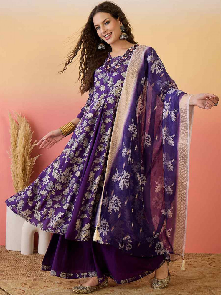 Purple Roman Silk Embroidered Party Wedding Ready A-Line Salwar Kameez