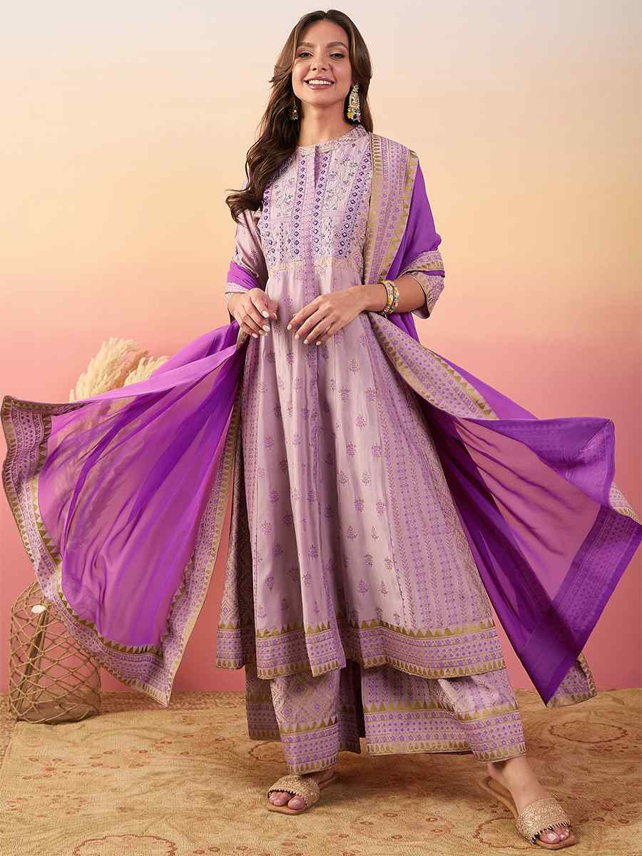 Purple Roman Silk Embroidered Party Wedding Ready A-Line Salwar Kameez