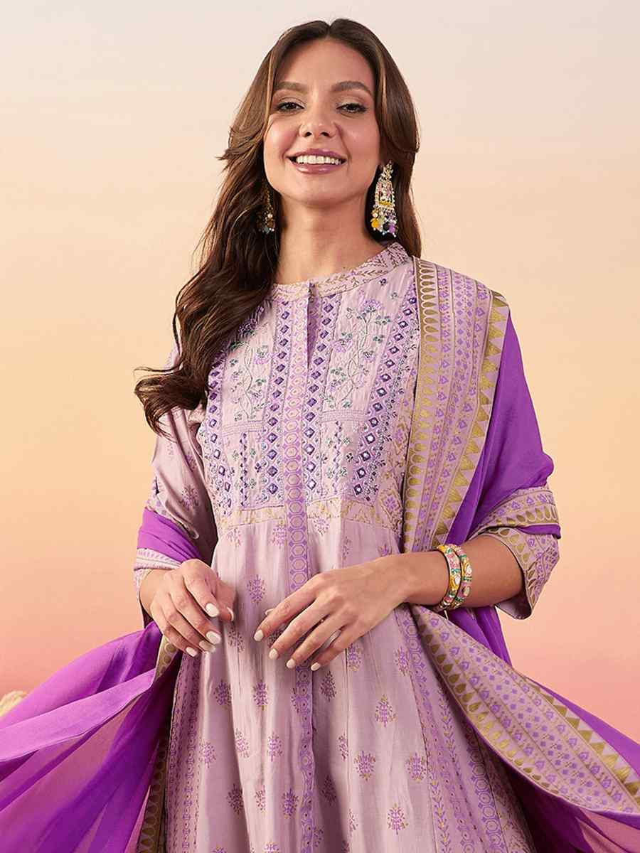 Purple Roman Silk Embroidered Party Wedding Ready A-Line Salwar Kameez