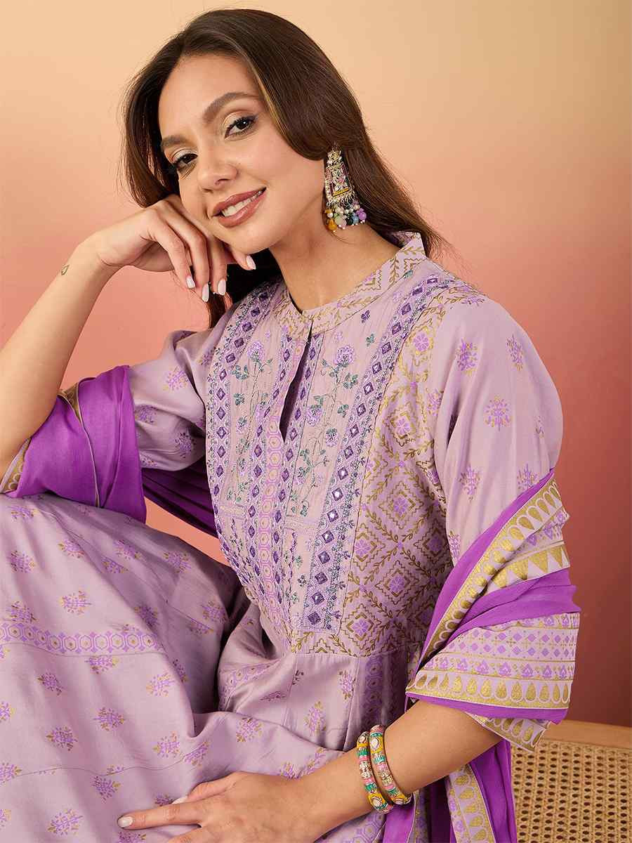 Purple Roman Silk Embroidered Party Wedding Ready A-Line Salwar Kameez