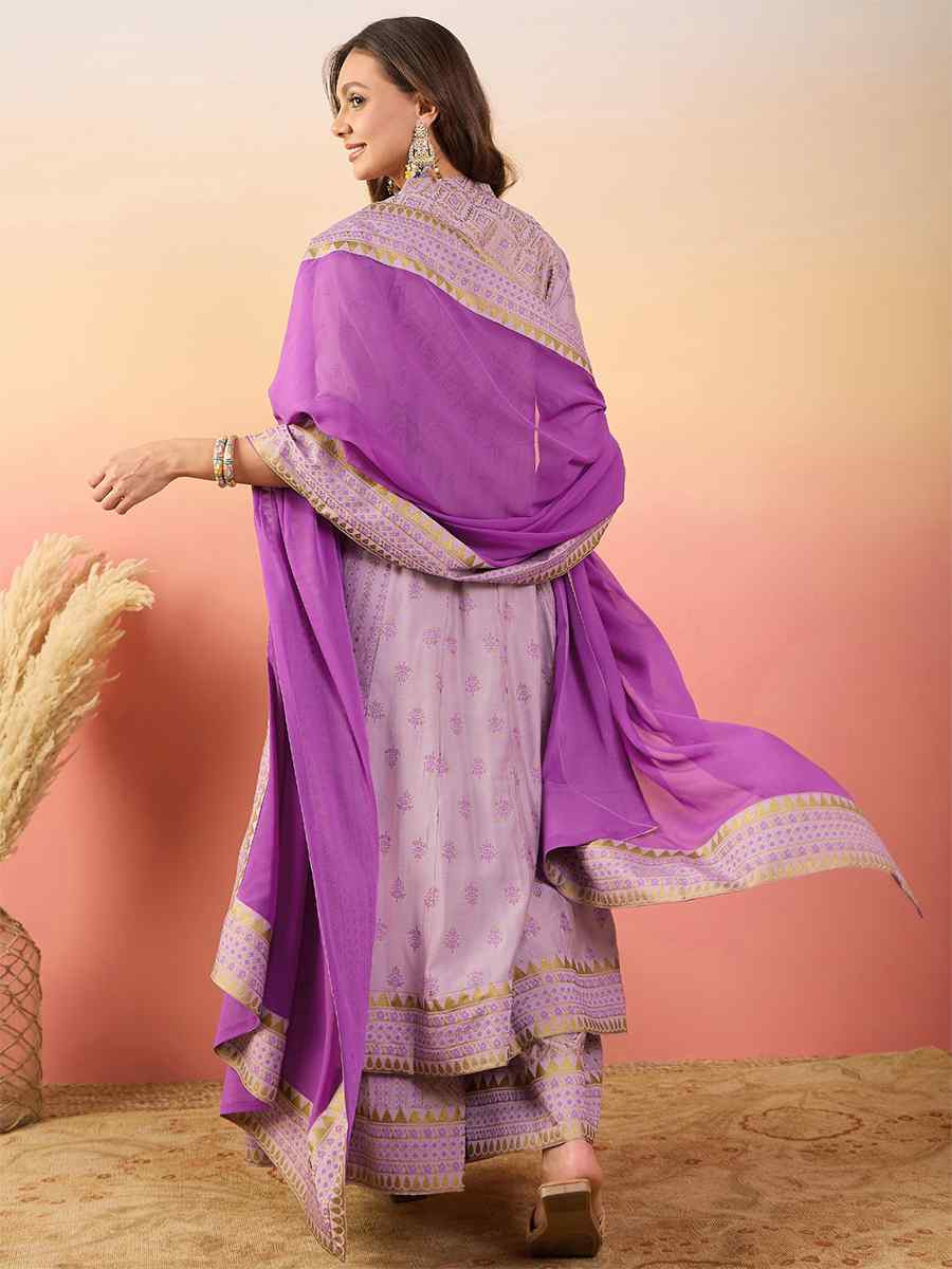 Purple Roman Silk Embroidered Party Wedding Ready A-Line Salwar Kameez