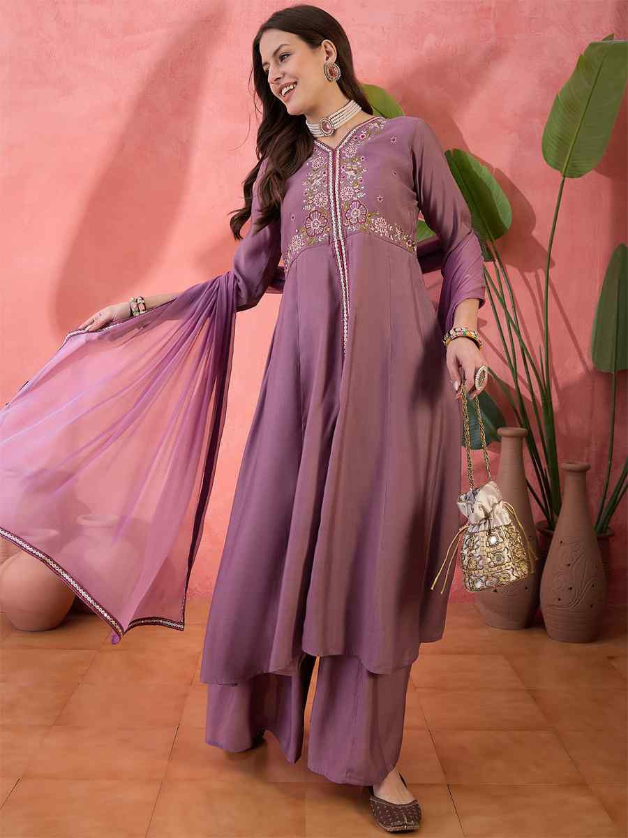 Purple Roman Silk Embroidered Party Wedding Ready Palazzo Pant Salwar Kameez