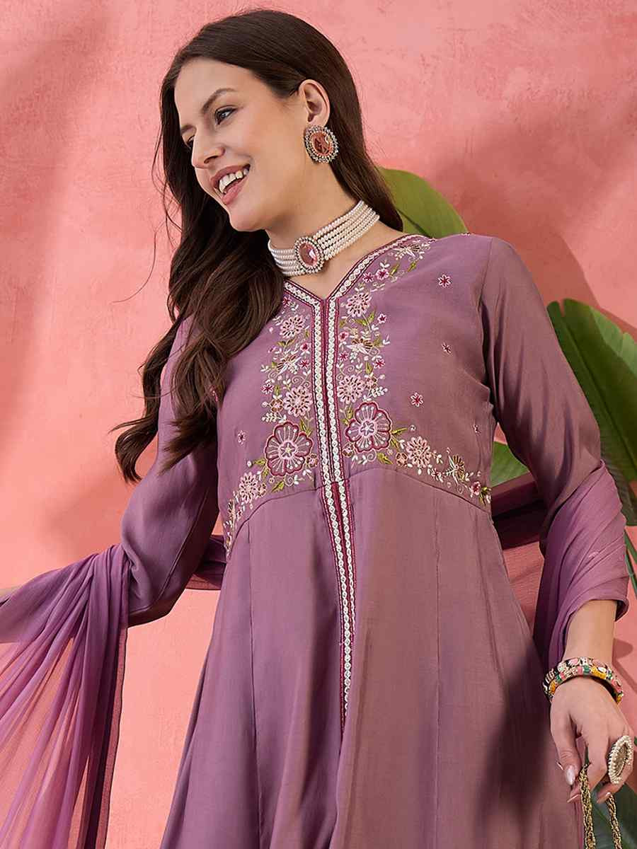 Purple Roman Silk Embroidered Party Wedding Ready Palazzo Pant Salwar Kameez