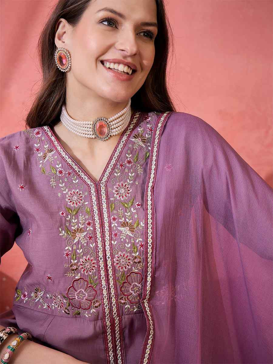 Purple Roman Silk Embroidered Party Wedding Ready Palazzo Pant Salwar Kameez