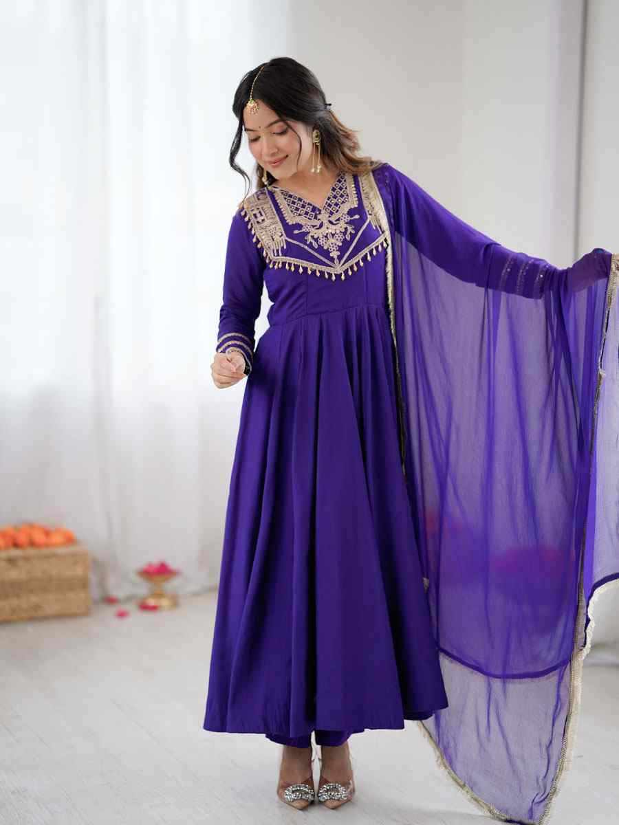 Purple Roman Silk Embroidery Party Wedding Festival Casual Ready Pant Anarkali Salwar Kameez