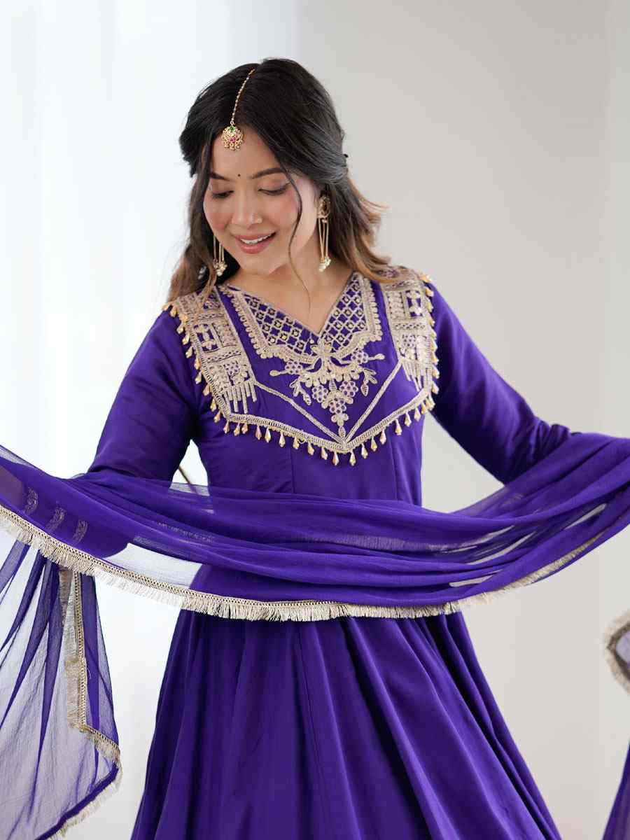 Purple Roman Silk Embroidery Party Wedding Festival Casual Ready Pant Anarkali Salwar Kameez