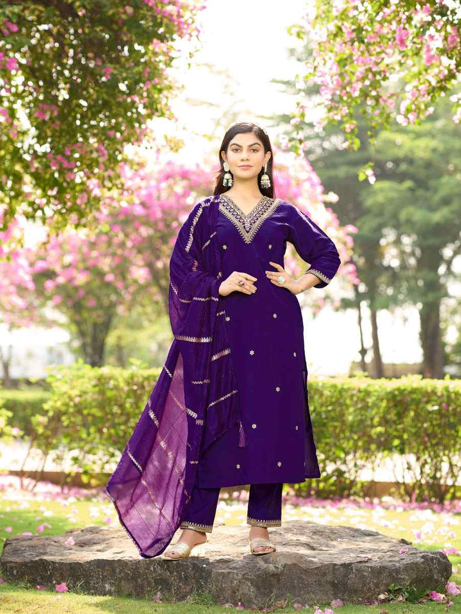 Purple Roman Silk Embroidery Party Wedding Festival Casual Ready Pant Salwar Kameez