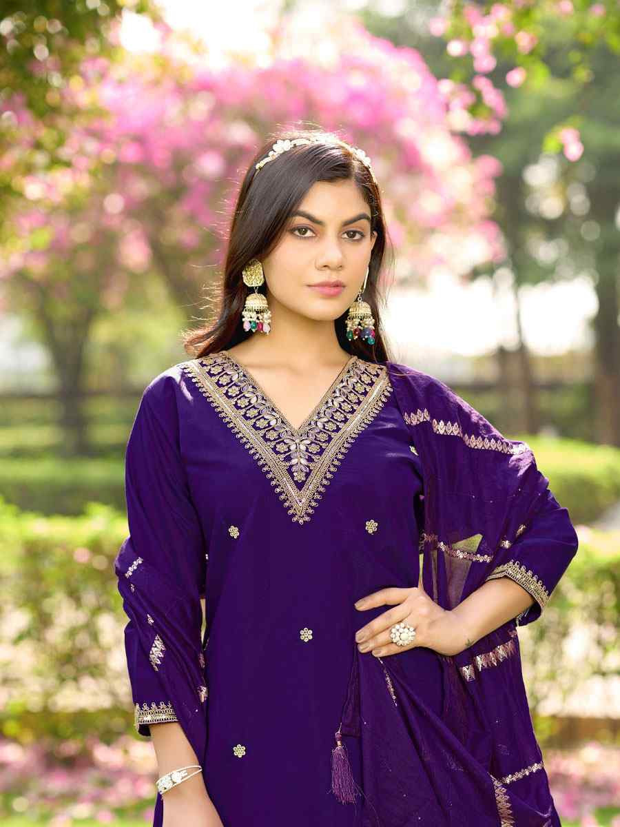Purple Roman Silk Embroidery Party Wedding Festival Casual Ready Pant Salwar Kameez