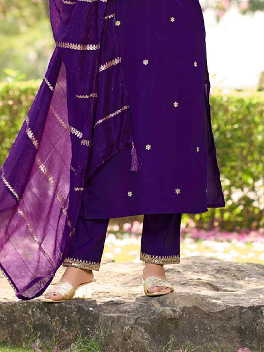 Purple Roman Silk Embroidery Party Wedding Festival Casual Ready Pant Salwar Kameez
