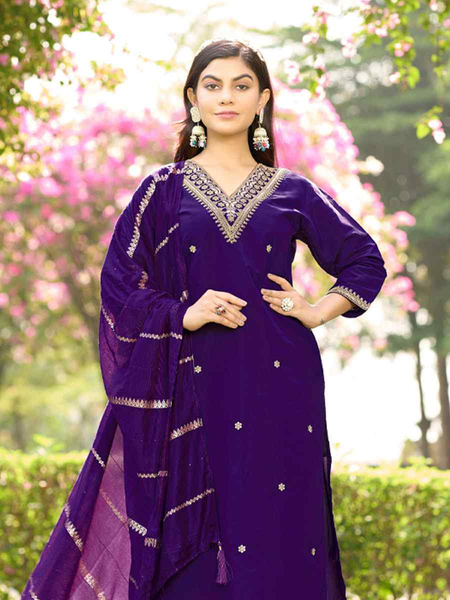 Purple Roman Silk Embroidery Party Wedding Festival Casual Ready Pant Salwar Kameez