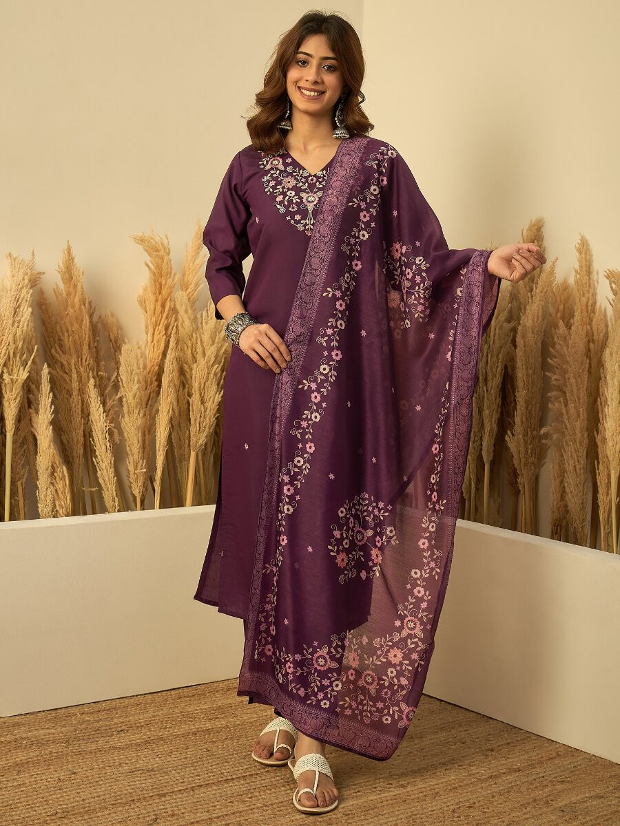Purple Roman Silk Embroidery Wedding Party Festival Casual Pant Salwar Kameez