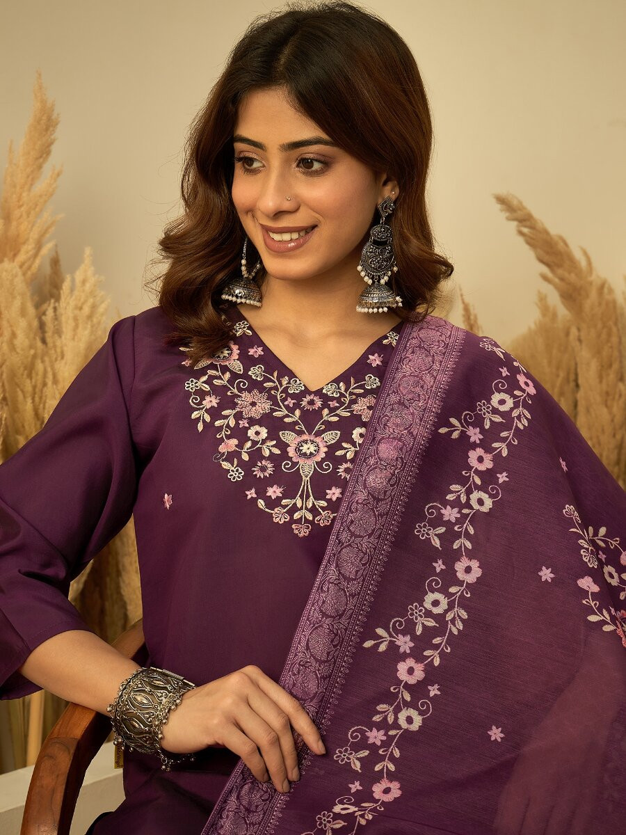 Purple Roman Silk Embroidery Wedding Party Festival Casual Pant Salwar Kameez