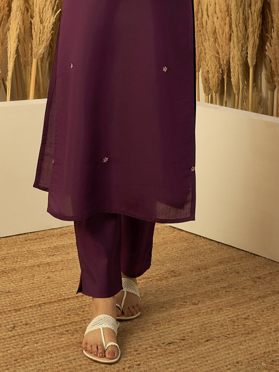 Purple Roman Silk Embroidery Wedding Party Festival Casual Pant Salwar Kameez
