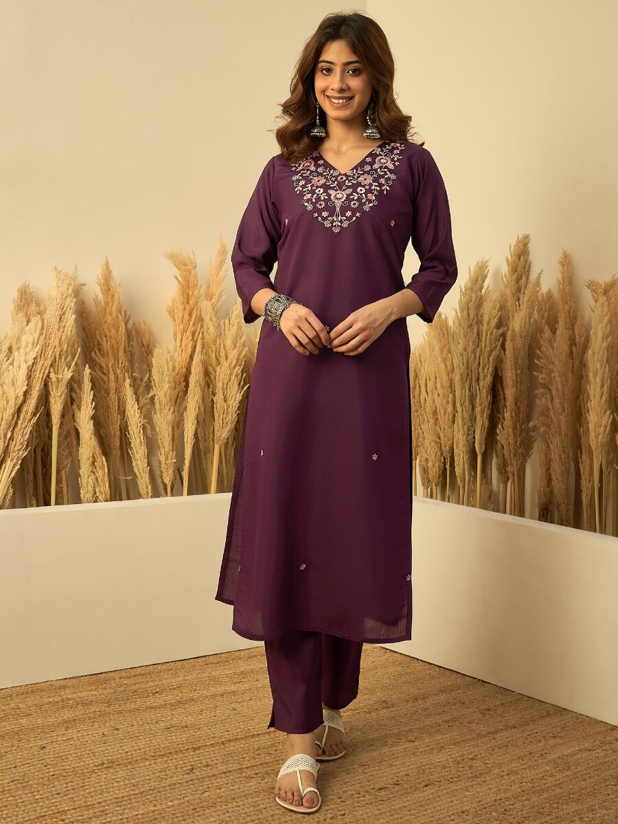 Purple Roman Silk Embroidery Wedding Party Festival Casual Pant Salwar Kameez