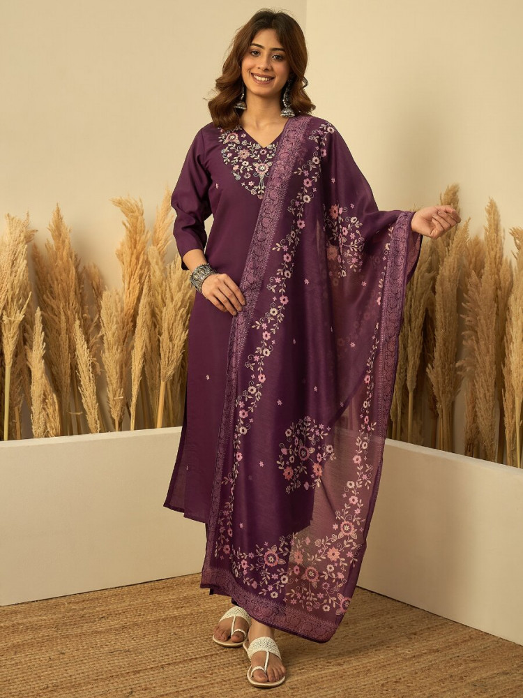 Image of Purple Roman Silk Embroidery Wedding Party Festival Casual Ready Pant Salwar Kameez