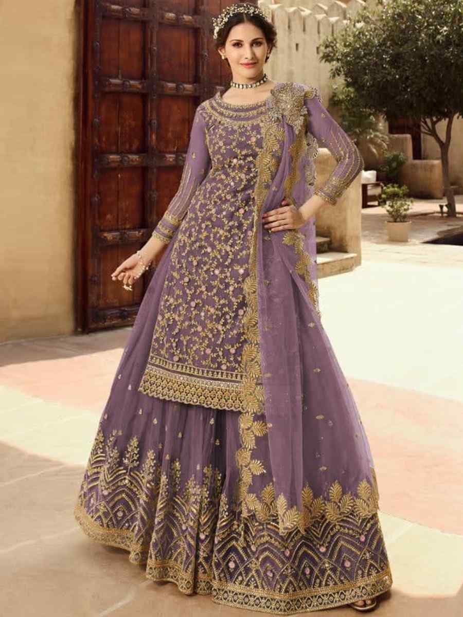 Purple Santoon Embroidered Bridesmaid Reception Kurti Lehenga Choli