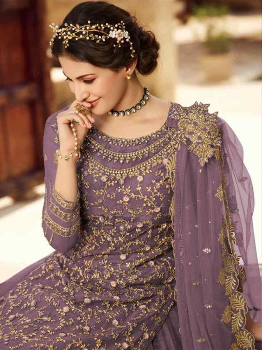 Purple Santoon Embroidered Bridesmaid Reception Kurti Lehenga Choli