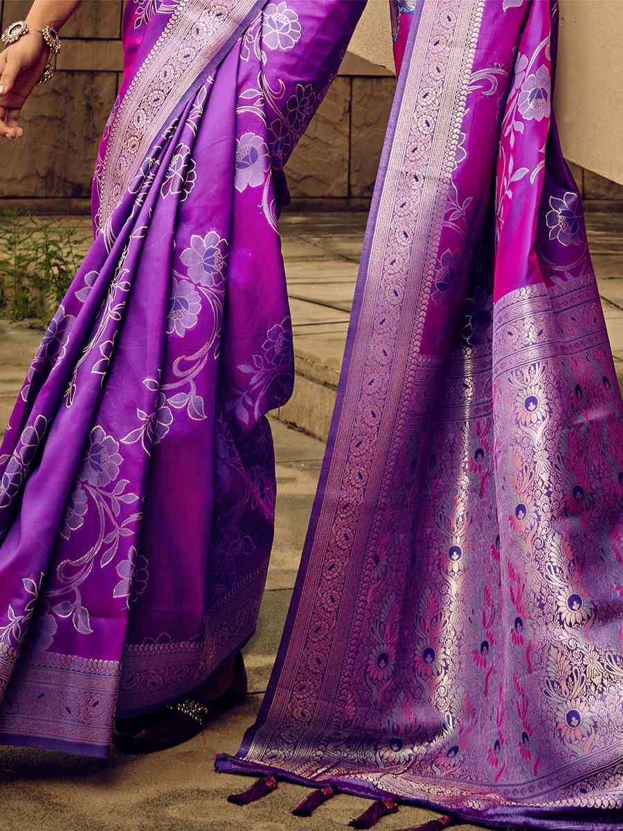 Purple Satin Brasso Handwoven Wedding Festival Heavy Border Saree