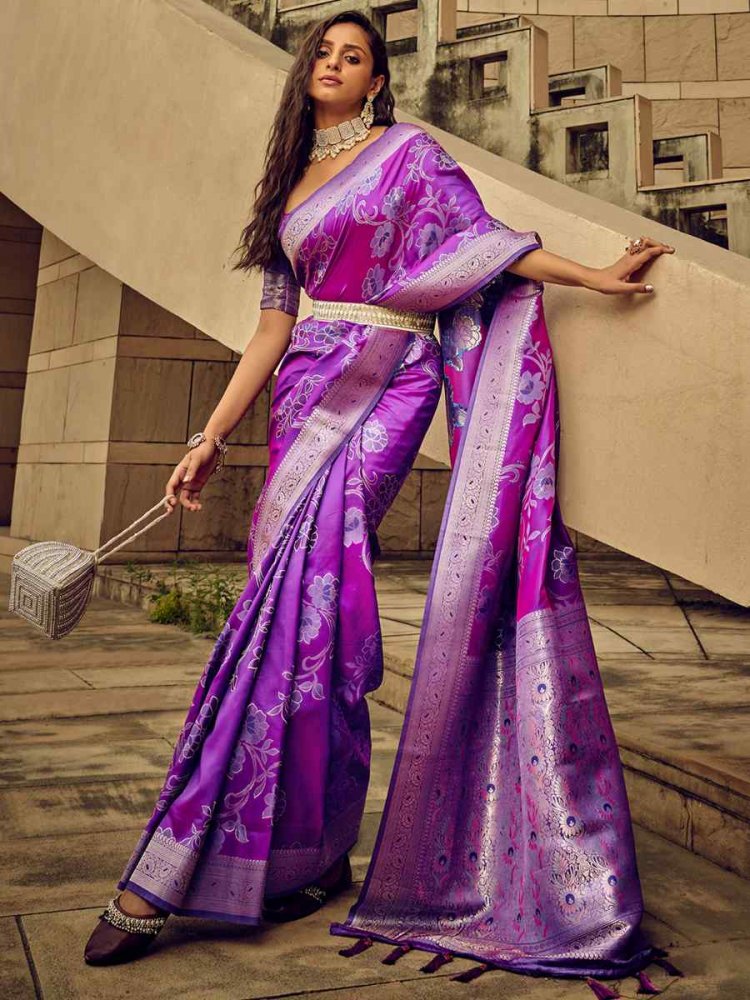 Purple Satin Brasso Silk Handwoven Wedding Festival Heavy Border Saree