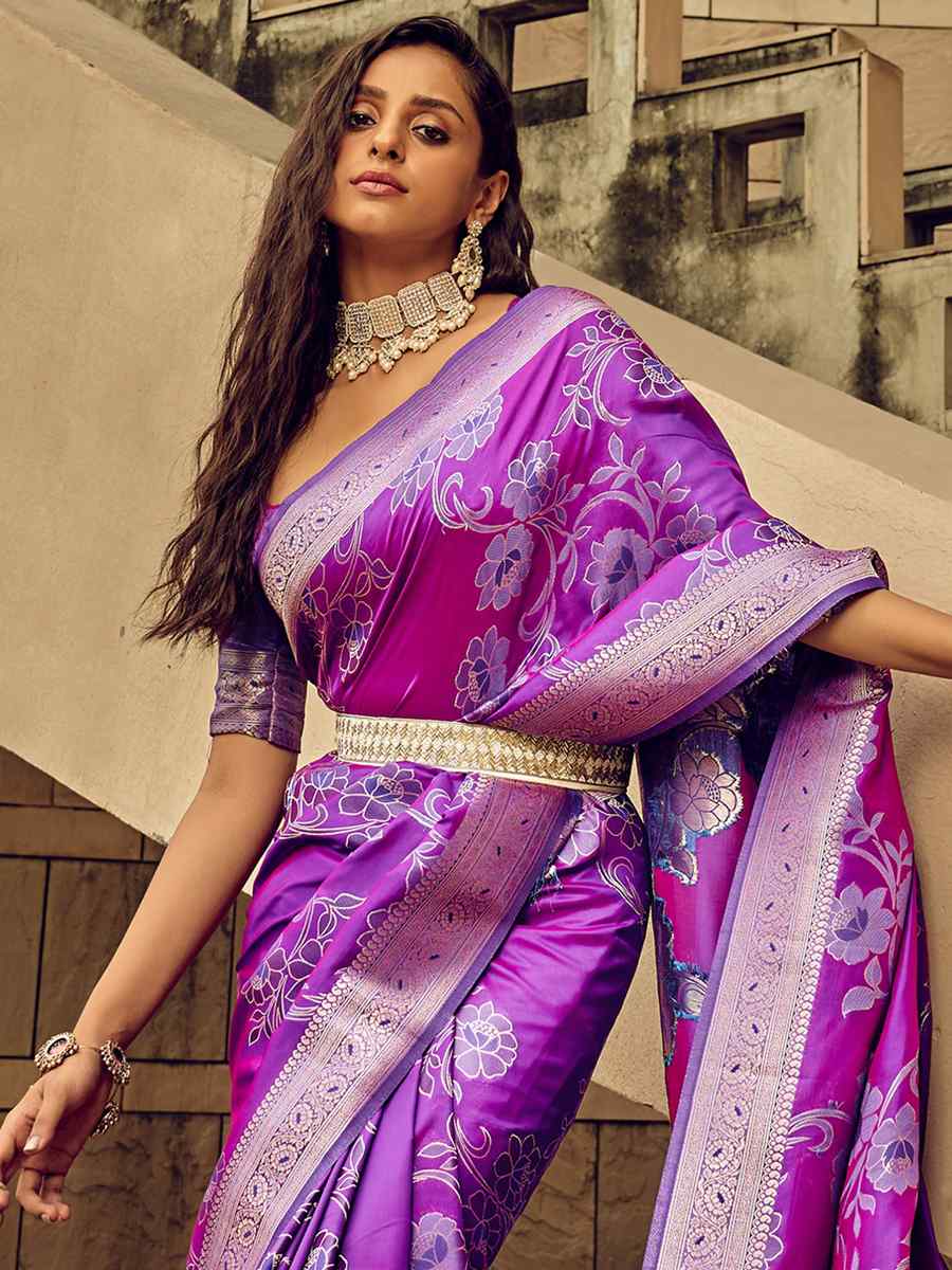 Purple Satin Brasso Silk Handwoven Wedding Festival Heavy Border Saree