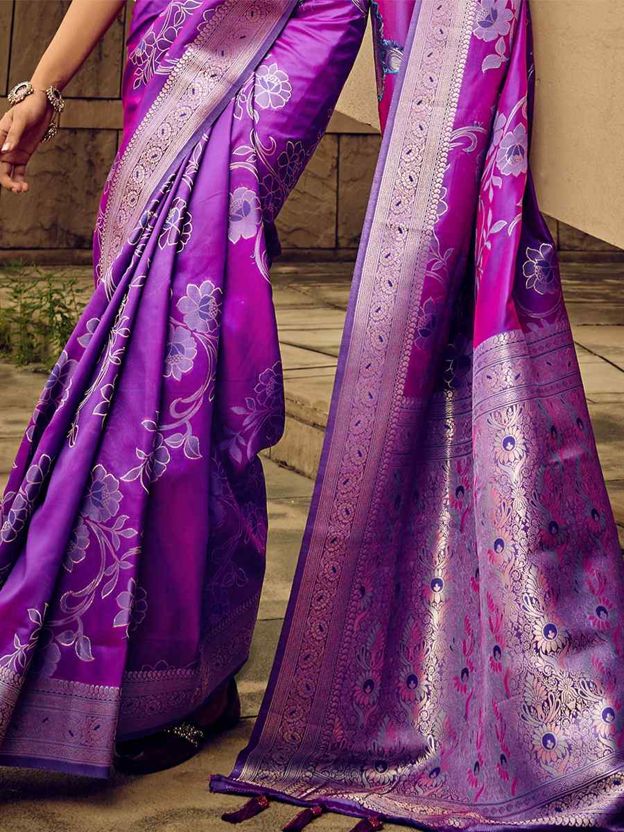 Purple Satin Brasso Silk Handwoven Wedding Festival Heavy Border Saree