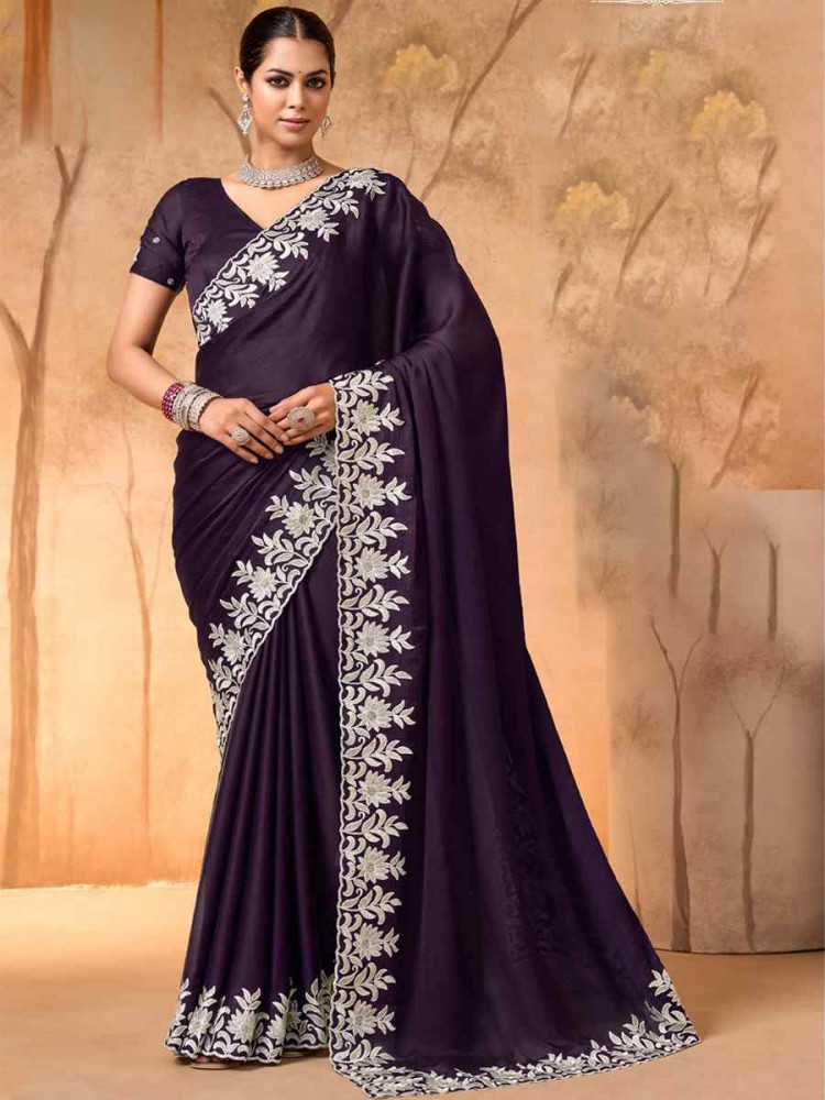 Image of Purple Satin Chiffon Embroidery Bridal Reception Festival Wedding Fancy Heavy Border Saree