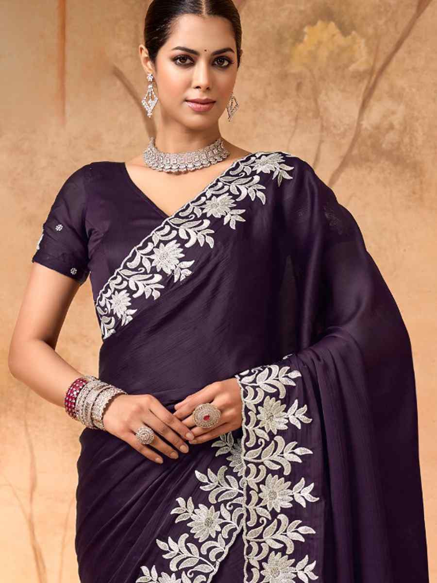 Purple Satin Chiffon Embroidery Bridal Reception Festival Wedding Fancy Heavy Border Saree