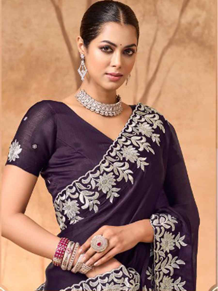 Purple Satin Chiffon Embroidery Bridal Reception Festival Wedding Fancy Heavy Border Saree