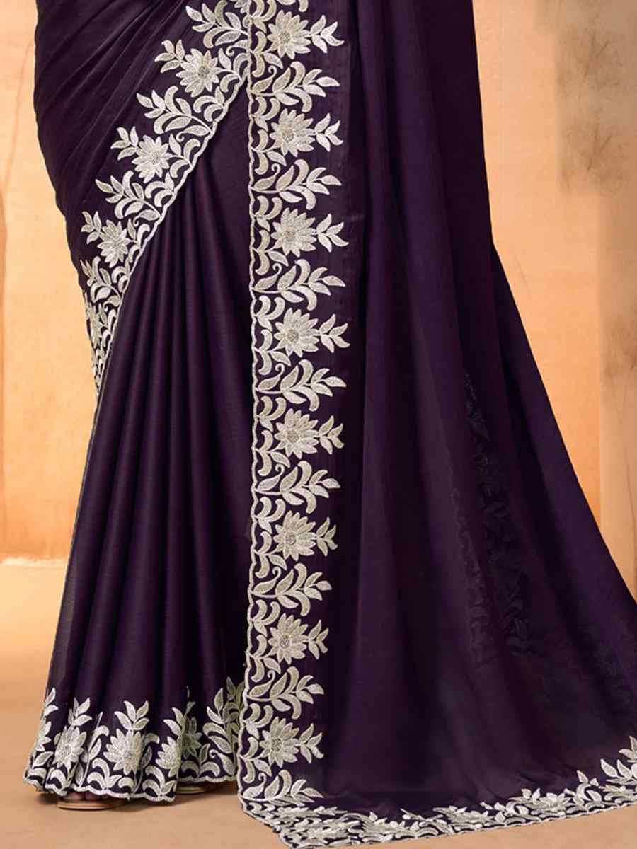 Purple Satin Chiffon Embroidery Bridal Reception Festival Wedding Fancy Heavy Border Saree