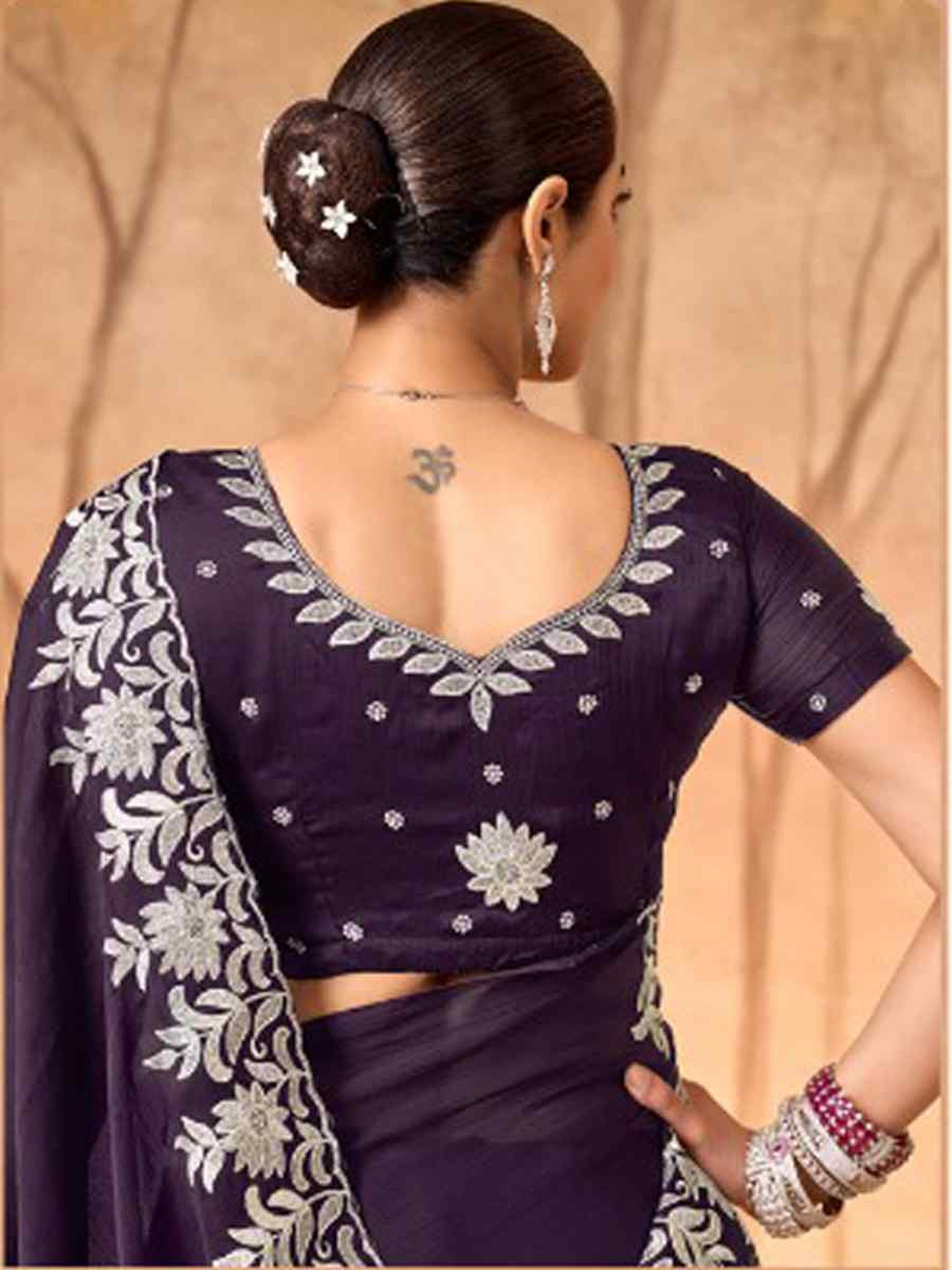 Purple Satin Chiffon Embroidery Bridal Reception Festival Wedding Fancy Heavy Border Saree