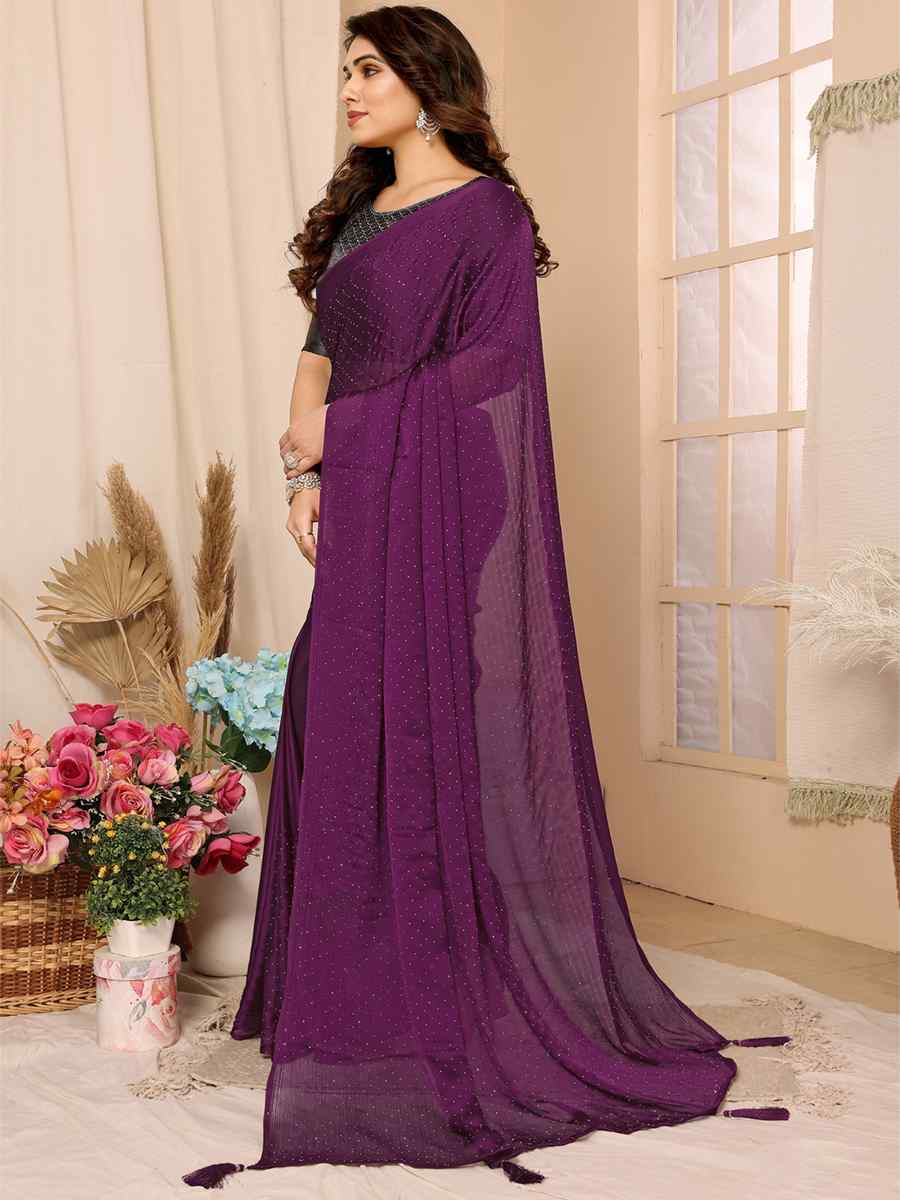 Purple Satin Chiffon Printed Casual Festival Contemporary Saree