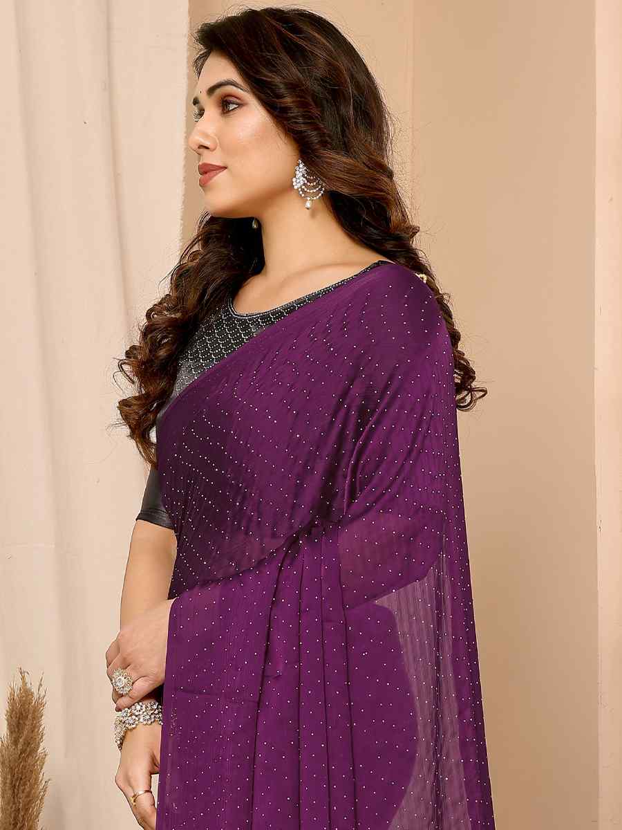 Purple Satin Chiffon Printed Casual Festival Contemporary Saree