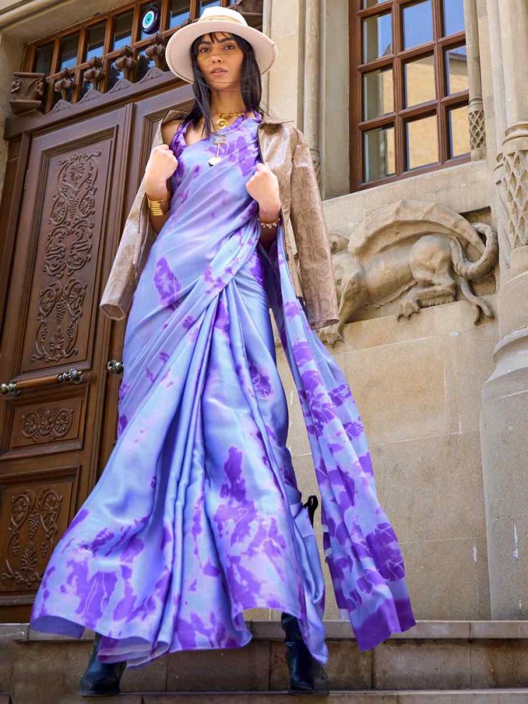 Purple Satin Crepe Printed Casual Festival Contemporary Saree