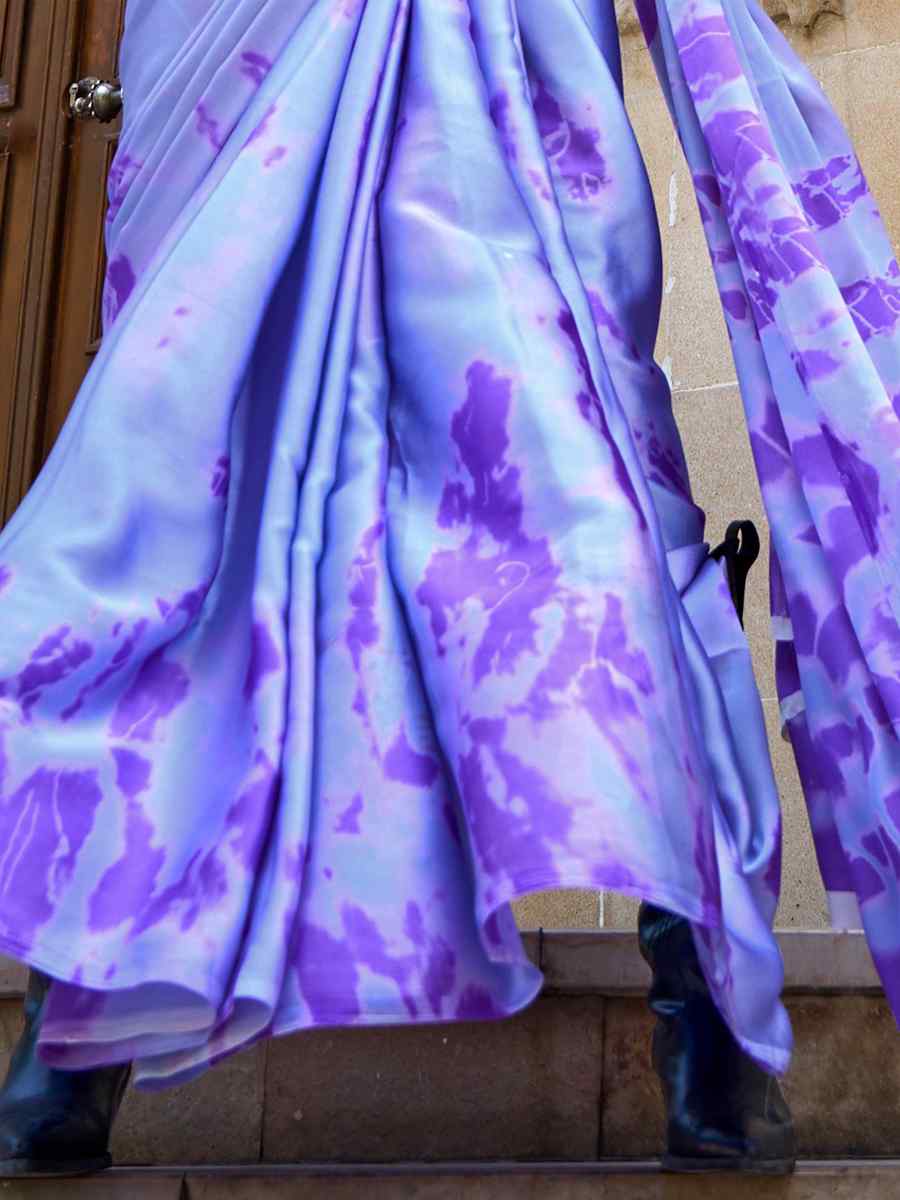 Purple Satin Crepe Printed Casual Festival Contemporary Saree